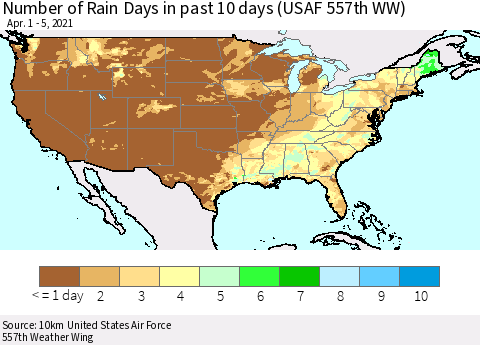 United States Number of Rain Days in past 10 days (USAF 557th WW) Thematic Map For 4/1/2021 - 4/5/2021