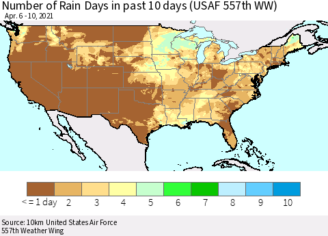 United States Number of Rain Days in past 10 days (USAF 557th WW) Thematic Map For 4/6/2021 - 4/10/2021