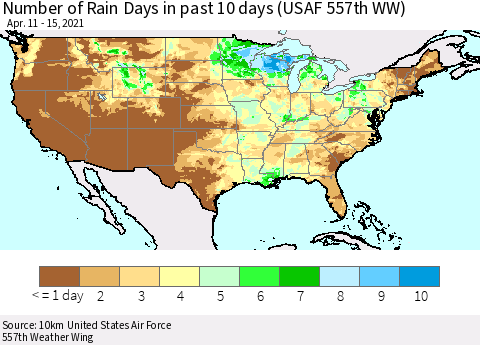 United States Number of Rain Days in past 10 days (USAF 557th WW) Thematic Map For 4/11/2021 - 4/15/2021