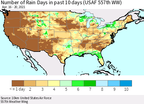 United States Number of Rain Days in past 10 days (USAF 557th WW) Thematic Map For 4/16/2021 - 4/20/2021