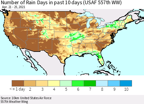 United States Number of Rain Days in past 10 days (USAF 557th WW) Thematic Map For 4/21/2021 - 4/25/2021