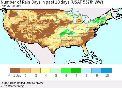 United States Number of Rain Days in past 10 days (USAF 557th WW) Thematic Map For 4/26/2021 - 4/30/2021