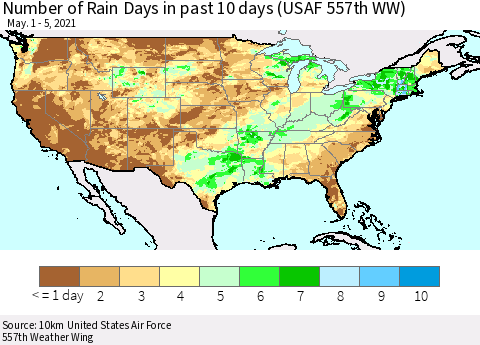United States Number of Rain Days in past 10 days (USAF 557th WW) Thematic Map For 5/1/2021 - 5/5/2021