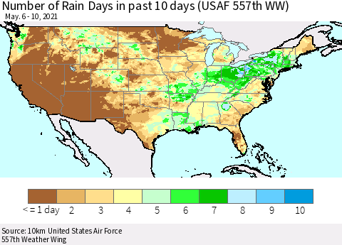 United States Number of Rain Days in past 10 days (USAF 557th WW) Thematic Map For 5/6/2021 - 5/10/2021