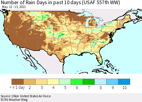 United States Number of Rain Days in past 10 days (USAF 557th WW) Thematic Map For 5/11/2021 - 5/15/2021