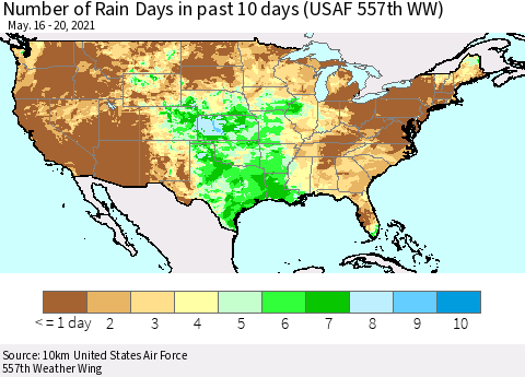 United States Number of Rain Days in past 10 days (USAF 557th WW) Thematic Map For 5/16/2021 - 5/20/2021