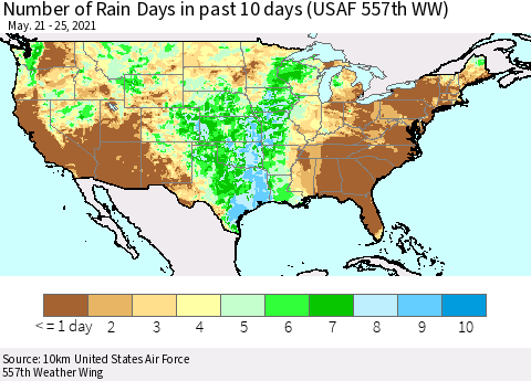United States Number of Rain Days in past 10 days (USAF 557th WW) Thematic Map For 5/21/2021 - 5/25/2021