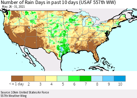United States Number of Rain Days in past 10 days (USAF 557th WW) Thematic Map For 5/26/2021 - 5/31/2021