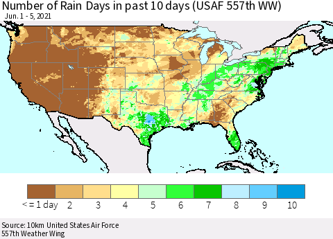 United States Number of Rain Days in past 10 days (USAF 557th WW) Thematic Map For 6/1/2021 - 6/5/2021