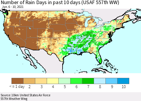 United States Number of Rain Days in past 10 days (USAF 557th WW) Thematic Map For 6/6/2021 - 6/10/2021