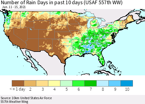 United States Number of Rain Days in past 10 days (USAF 557th WW) Thematic Map For 6/11/2021 - 6/15/2021