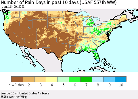 United States Number of Rain Days in past 10 days (USAF 557th WW) Thematic Map For 6/16/2021 - 6/20/2021