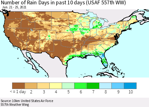 United States Number of Rain Days in past 10 days (USAF 557th WW) Thematic Map For 6/21/2021 - 6/25/2021