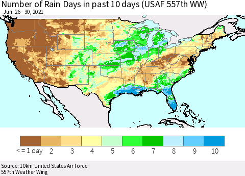 United States Number of Rain Days in past 10 days (USAF 557th WW) Thematic Map For 6/26/2021 - 6/30/2021