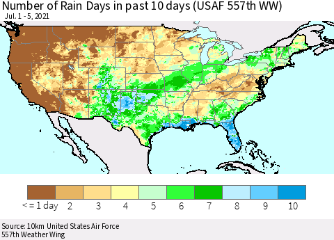 United States Number of Rain Days in past 10 days (USAF 557th WW) Thematic Map For 7/1/2021 - 7/5/2021