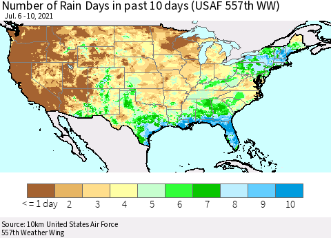 United States Number of Rain Days in past 10 days (USAF 557th WW) Thematic Map For 7/6/2021 - 7/10/2021