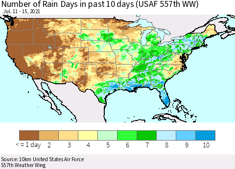 United States Number of Rain Days in past 10 days (USAF 557th WW) Thematic Map For 7/11/2021 - 7/15/2021