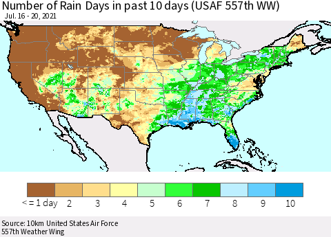United States Number of Rain Days in past 10 days (USAF 557th WW) Thematic Map For 7/16/2021 - 7/20/2021