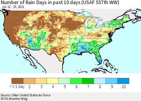 United States Number of Rain Days in past 10 days (USAF 557th WW) Thematic Map For 7/21/2021 - 7/25/2021