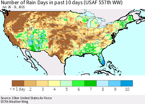 United States Number of Rain Days in past 10 days (USAF 557th WW) Thematic Map For 7/26/2021 - 7/31/2021