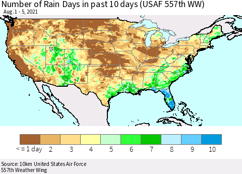 United States Number of Rain Days in past 10 days (USAF 557th WW) Thematic Map For 8/1/2021 - 8/5/2021