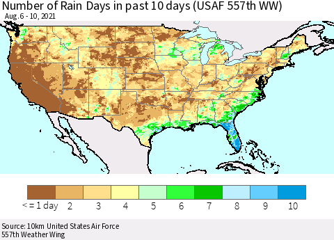 United States Number of Rain Days in past 10 days (USAF 557th WW) Thematic Map For 8/6/2021 - 8/10/2021