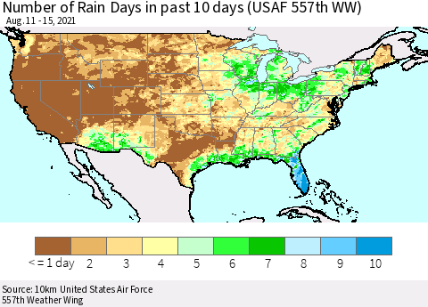 United States Number of Rain Days in past 10 days (USAF 557th WW) Thematic Map For 8/11/2021 - 8/15/2021