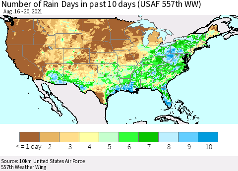United States Number of Rain Days in past 10 days (USAF 557th WW) Thematic Map For 8/16/2021 - 8/20/2021