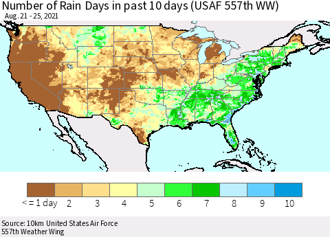 United States Number of Rain Days in past 10 days (USAF 557th WW) Thematic Map For 8/21/2021 - 8/25/2021