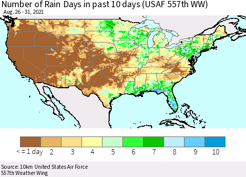 United States Number of Rain Days in past 10 days (USAF 557th WW) Thematic Map For 8/26/2021 - 8/31/2021