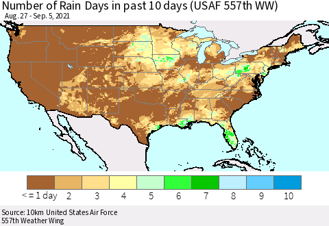 United States Number of Rain Days in past 10 days (USAF 557th WW) Thematic Map For 9/1/2021 - 9/5/2021
