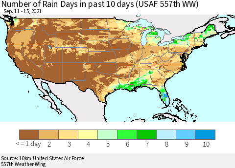 United States Number of Rain Days in past 10 days (USAF 557th WW) Thematic Map For 9/11/2021 - 9/15/2021