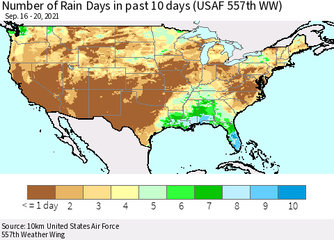 United States Number of Rain Days in past 10 days (USAF 557th WW) Thematic Map For 9/16/2021 - 9/20/2021