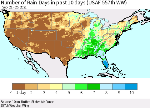 United States Number of Rain Days in past 10 days (USAF 557th WW) Thematic Map For 9/21/2021 - 9/25/2021