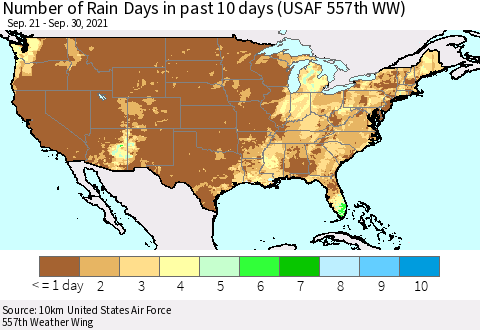 United States Number of Rain Days in past 10 days (USAF 557th WW) Thematic Map For 9/26/2021 - 9/30/2021
