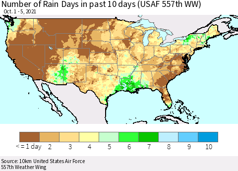 United States Number of Rain Days in past 10 days (USAF 557th WW) Thematic Map For 10/1/2021 - 10/5/2021
