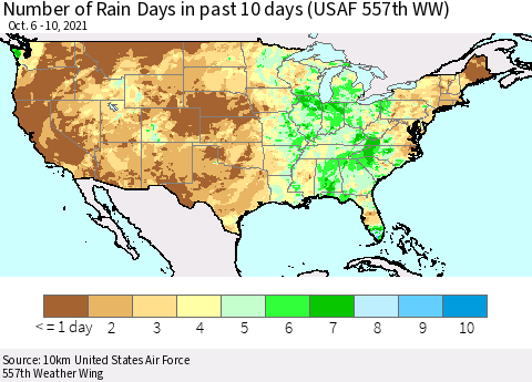 United States Number of Rain Days in past 10 days (USAF 557th WW) Thematic Map For 10/6/2021 - 10/10/2021