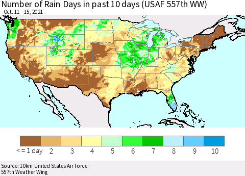 United States Number of Rain Days in past 10 days (USAF 557th WW) Thematic Map For 10/11/2021 - 10/15/2021