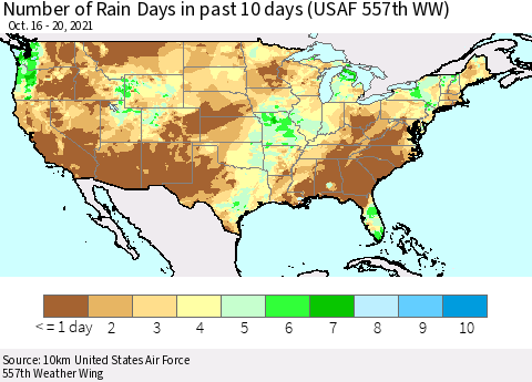 United States Number of Rain Days in past 10 days (USAF 557th WW) Thematic Map For 10/16/2021 - 10/20/2021