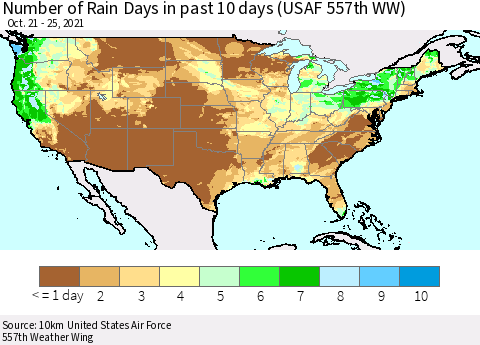 United States Number of Rain Days in past 10 days (USAF 557th WW) Thematic Map For 10/21/2021 - 10/25/2021