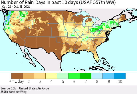 United States Number of Rain Days in past 10 days (USAF 557th WW) Thematic Map For 10/26/2021 - 10/31/2021