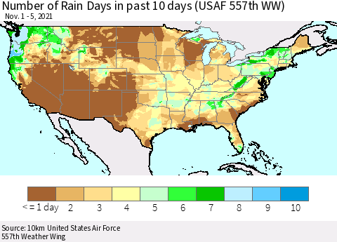 United States Number of Rain Days in past 10 days (USAF 557th WW) Thematic Map For 11/1/2021 - 11/5/2021
