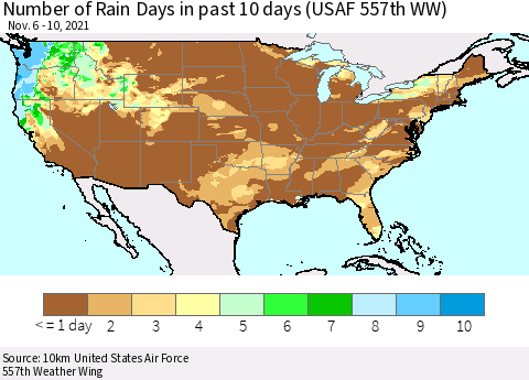 United States Number of Rain Days in past 10 days (USAF 557th WW) Thematic Map For 11/6/2021 - 11/10/2021
