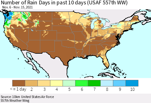United States Number of Rain Days in past 10 days (USAF 557th WW) Thematic Map For 11/11/2021 - 11/15/2021