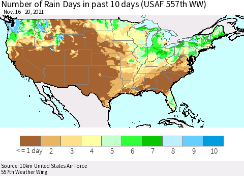 United States Number of Rain Days in past 10 days (USAF 557th WW) Thematic Map For 11/16/2021 - 11/20/2021