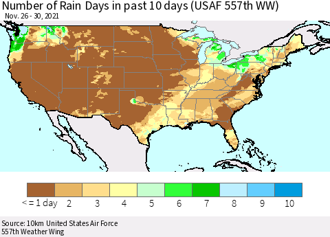 United States Number of Rain Days in past 10 days (USAF 557th WW) Thematic Map For 11/26/2021 - 11/30/2021