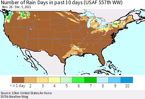 United States Number of Rain Days in past 10 days (USAF 557th WW) Thematic Map For 12/1/2021 - 12/5/2021