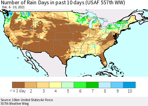 United States Number of Rain Days in past 10 days (USAF 557th WW) Thematic Map For 12/6/2021 - 12/10/2021