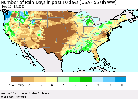 United States Number of Rain Days in past 10 days (USAF 557th WW) Thematic Map For 12/11/2021 - 12/15/2021