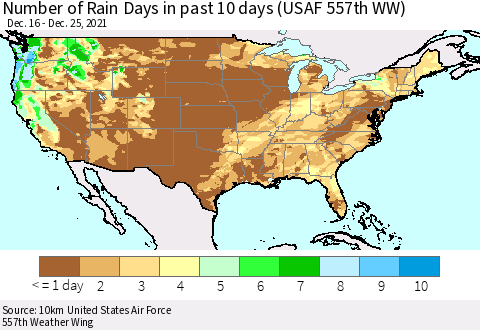 United States Number of Rain Days in past 10 days (USAF 557th WW) Thematic Map For 12/21/2021 - 12/25/2021